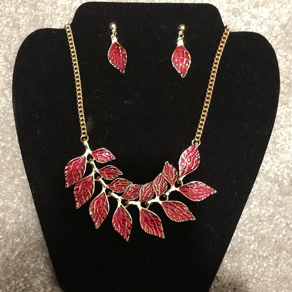 Red leaf design necklace with matching earrings